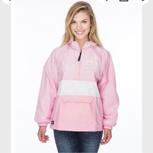 Delta Zeta embroidered fleece lined blush pink windbreaker